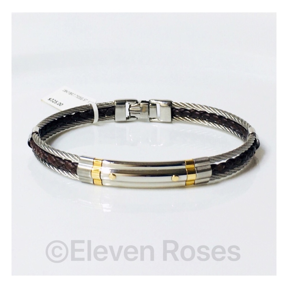 ALOR 18k Gold Steel Leather Cable Bracelet